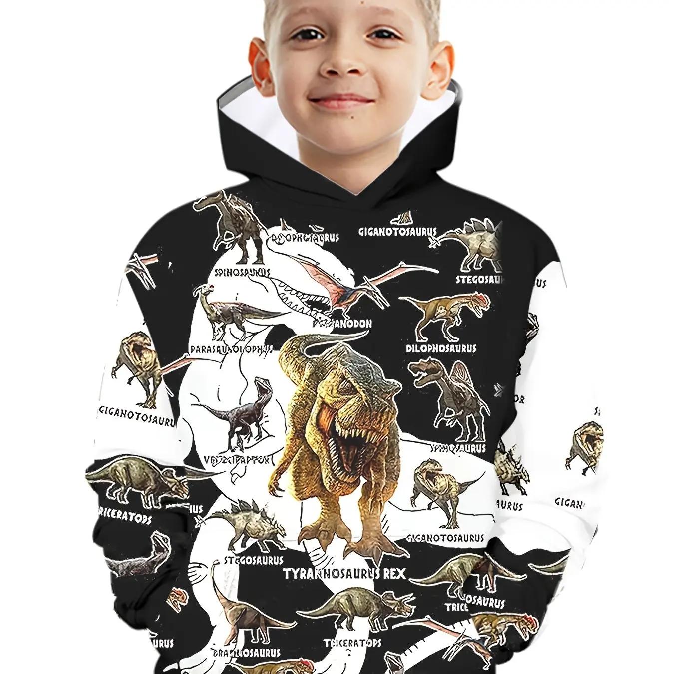 Sweat capuche manches longues enfant imprimé dinosaures dessin animé extérieur garçon printemps automne