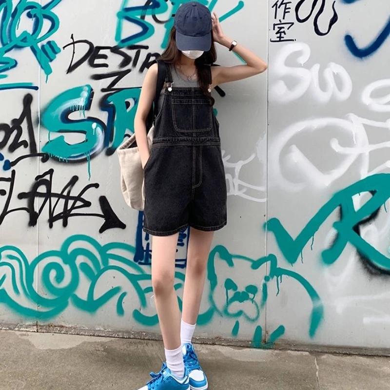 Denim Rompers Women Wide Leg Loose Korean Style Students Solid Summer Playsuits Leisure Trendy Pocke