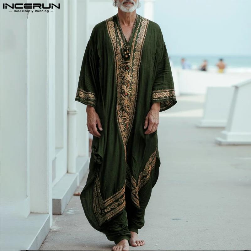INCERUN hommes Jubba Thobe impression Patchwork col en V à manches longues hommes Robes caftan musul