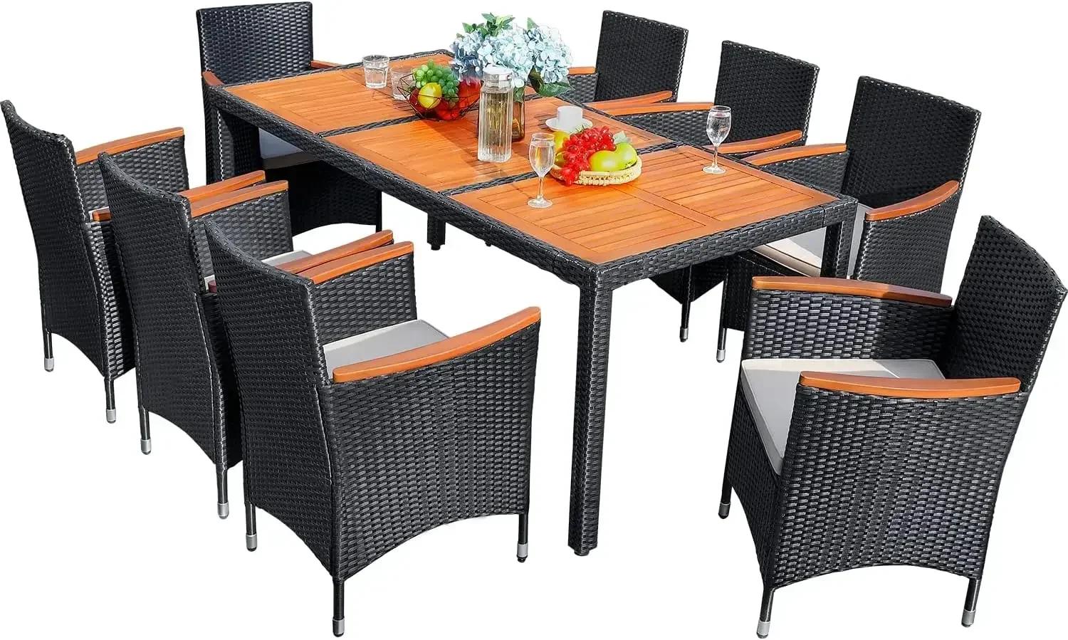 Ensemble de salle à manger de Patio 9 pièces, Table et chaises d'extérieur en bois d'acacia avec cou