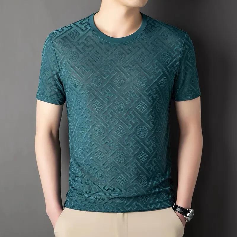 T-shirt à manches courtes et col rond en soie glacée de marque haut de gamme, mode d'été imprimé, ha
