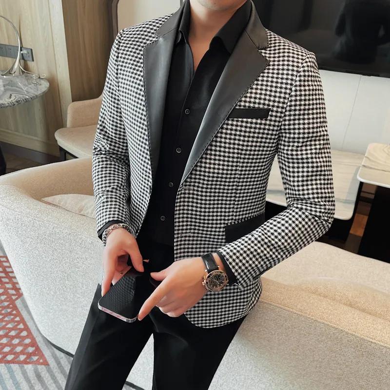 Veste en cuir à simple boutonnage pour hommes, de haute qualité, à la mode, col épissé, couleur unie
