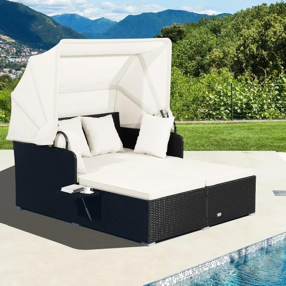 Lit de repos en rotin pour patio, chaise longue en osier Patiojoy avec auvent rétractable, 2 panneau