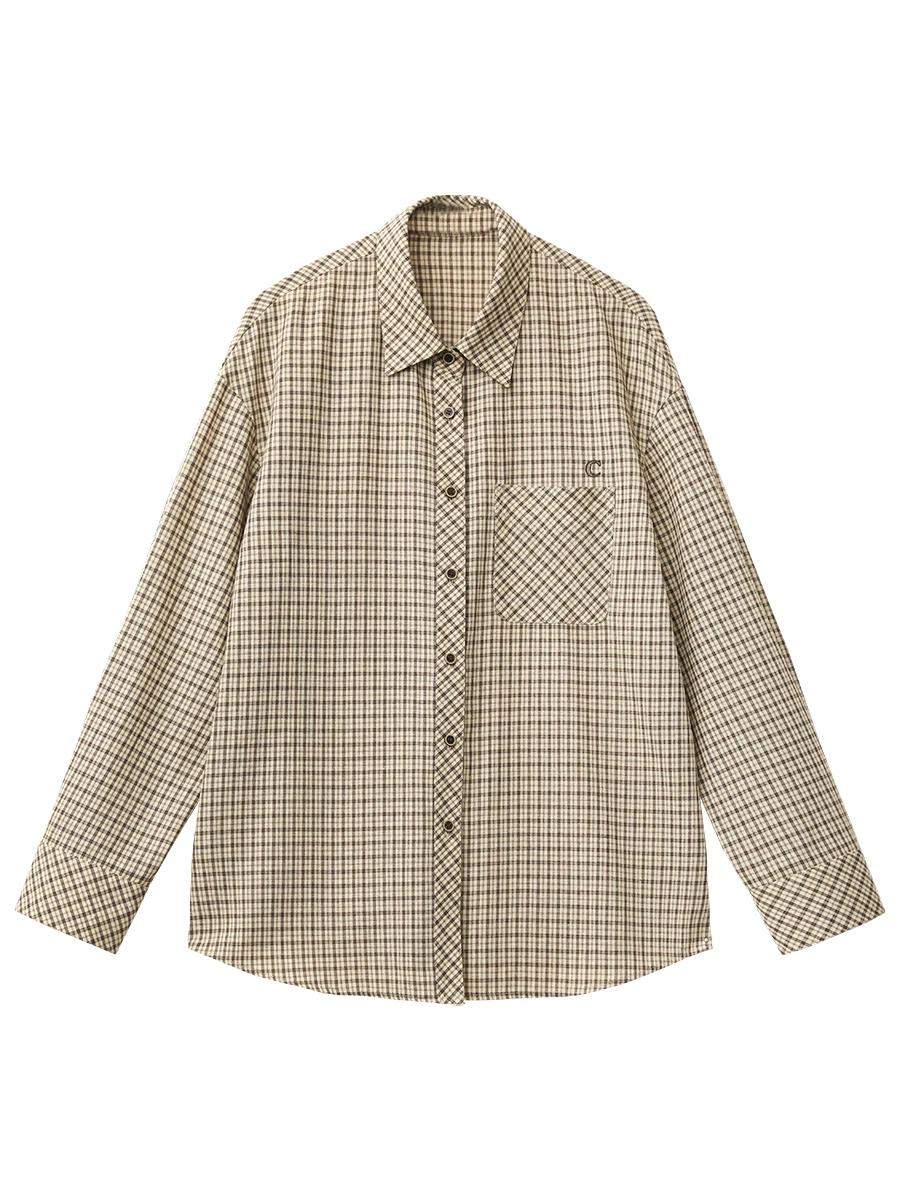 CHIC VEN femmes chemise ample décontracté simple boutonnage nouveau rétro contraste Plaid brodé Blou