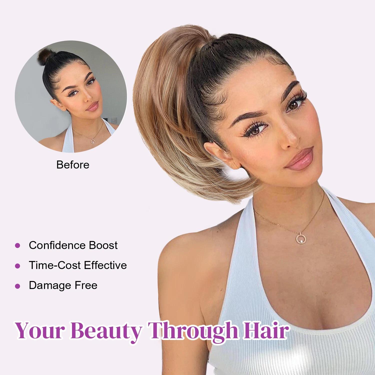Chignon synthétique postiche entièrement court queue de cheval Chignon brun mélange blond Chignon av