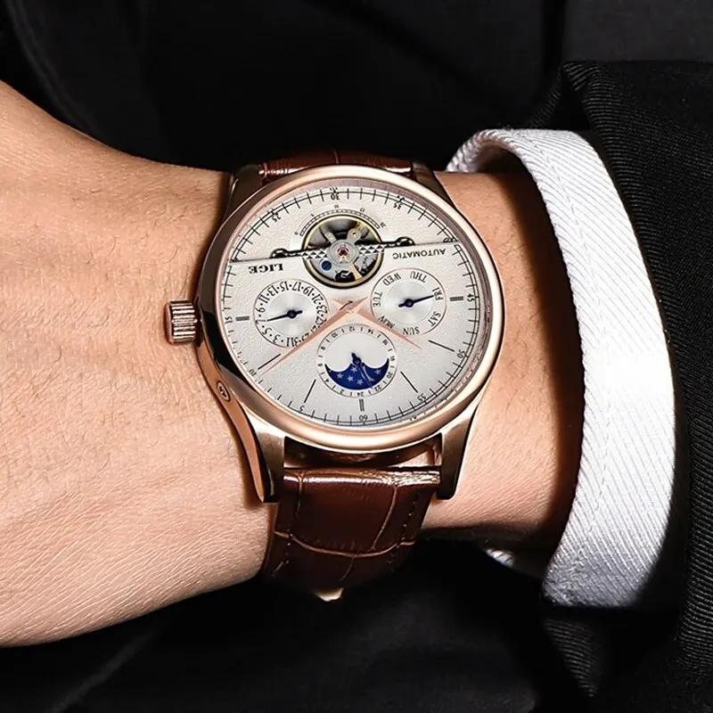 LIGE hommes montres automatique montre mécanique Tourbillon horloge en cuir véritable montre étanche