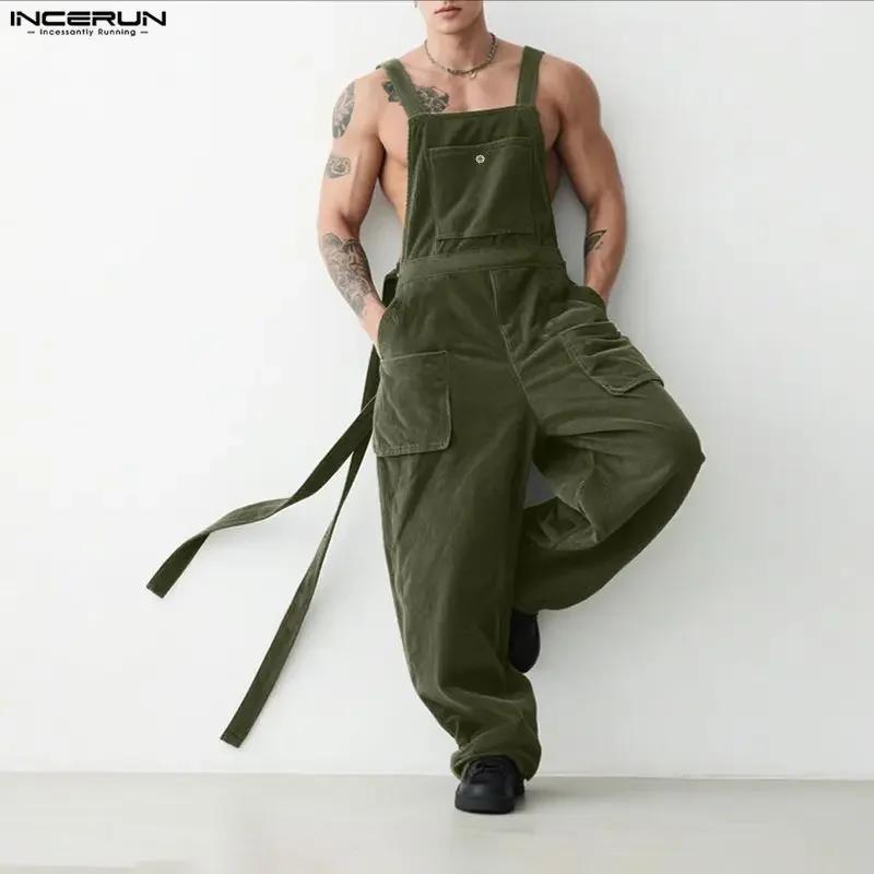 INCERUN Combinaisons pour hommes, couleur unie, style jogger, en velours côtelé, amples, décontracté