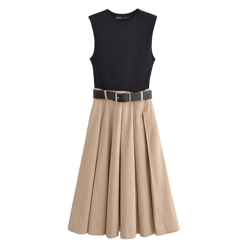 MUJER 2025 femme robes ceinture plissée robe mi-longue femmes sans manches robe d'été femme tricoté 