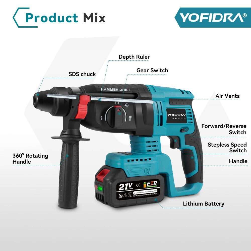 YOFIDRA 26MM perceuse à percussion électrique sans brosse multifonctionnelle rotative sans fil outil