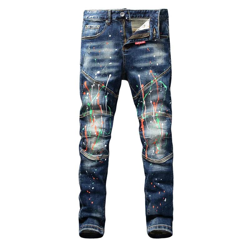 Jean Déchiré Rétro Bleu pour Homme, Pantalon de Motard en Denim, Slim Fit, Peint, Épissé, de Stylist