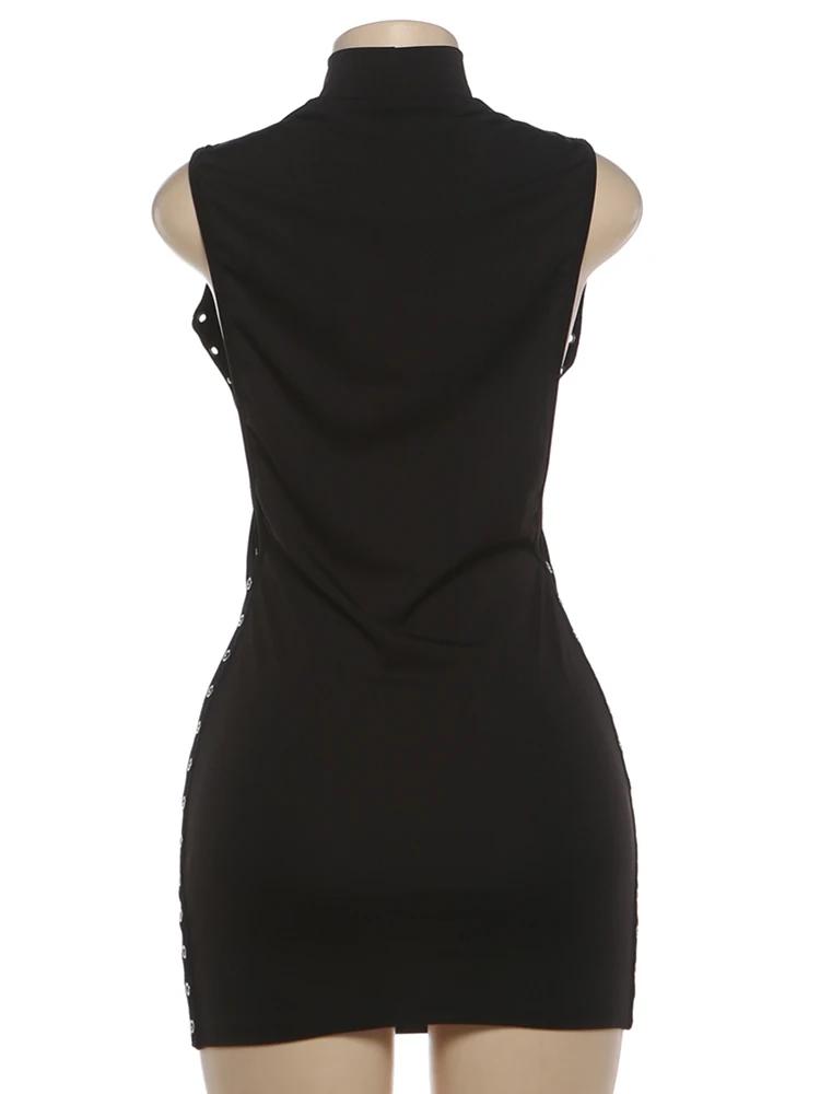 Robe mini Kliou à design creux sur le côté, col rond, sans manches, avec anneaux métalliques décorat