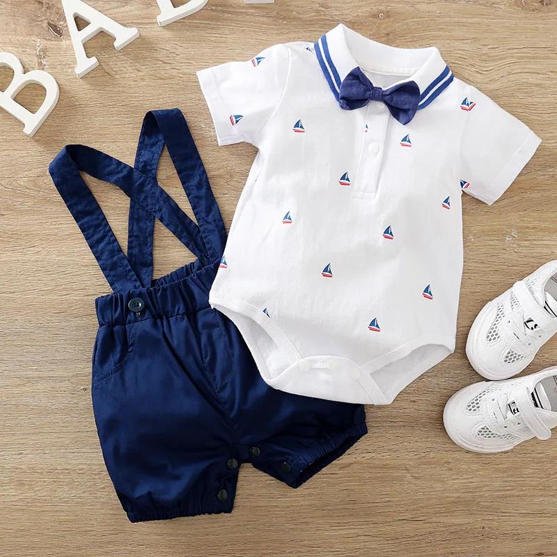 Ensemble été bébé coton imprimé voilier body manches courtes pantalon bretelles 2 pièces