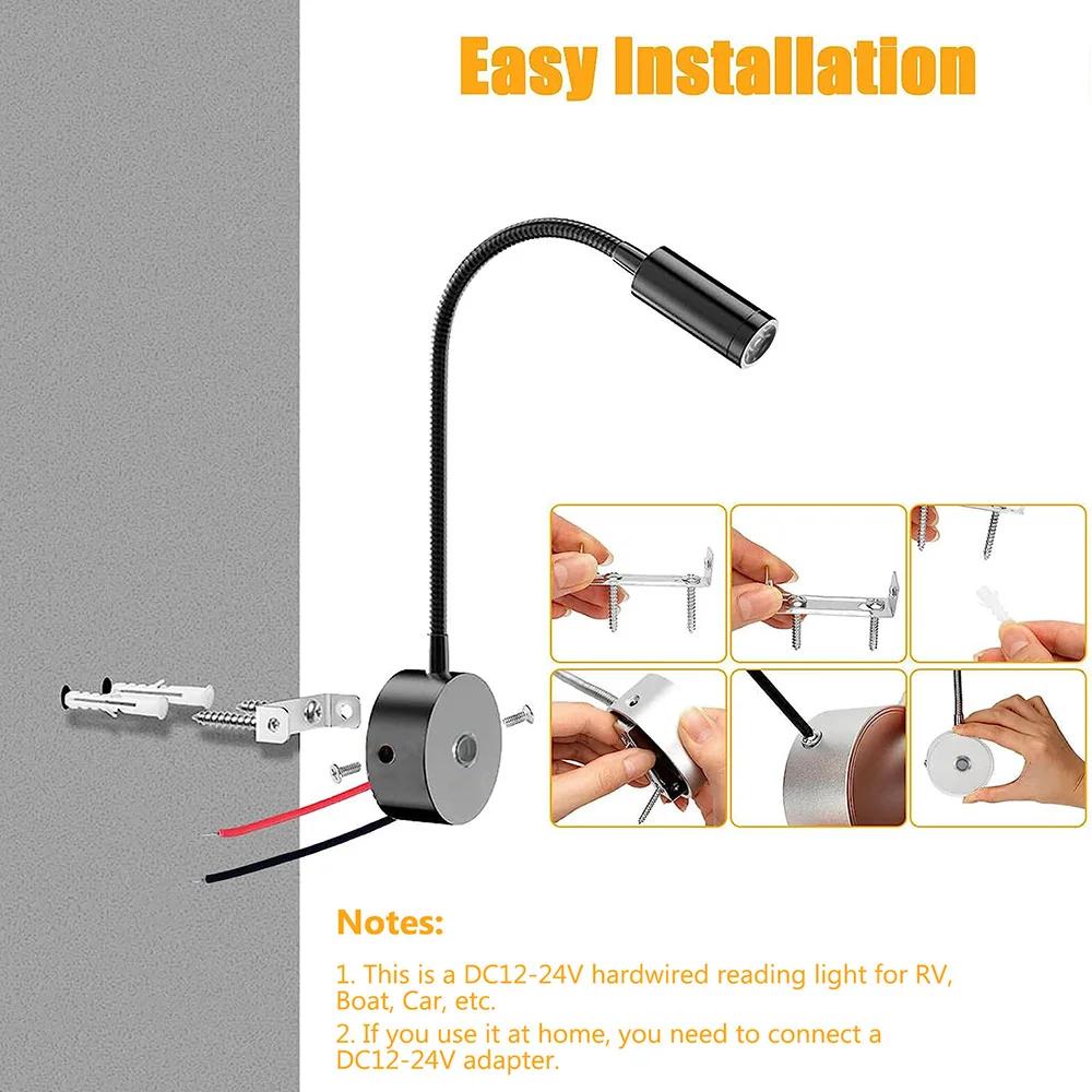 12-24V LED projecteur camping-car lampes de lecture col de cygne Flexible 3 couleurs Dimmable RV int