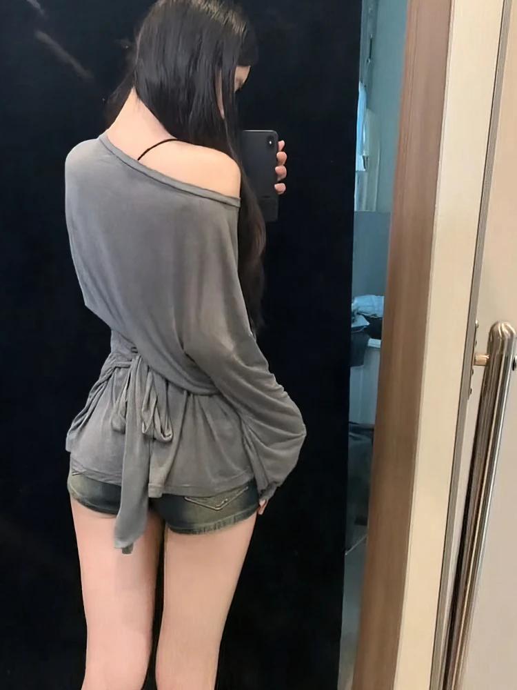 Voir à travers la manches longues surdimensionné t-shirt femmes Sexy dos pansement épaules nues haut