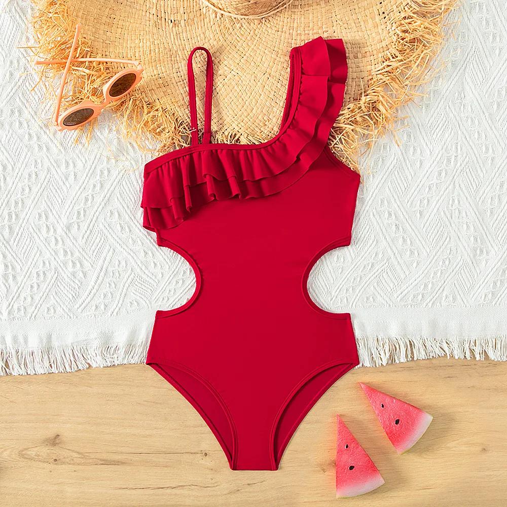 Maillot de bain rouge rétro pour adolescentes, ensemble une pièce à volants, vêtements de plage pour