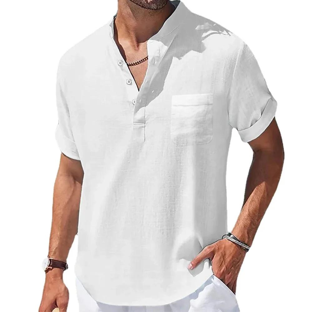 Été nouveaux hommes coton et lin chemises à manches courtes T-shirt col Henry décontracté hommes T-s