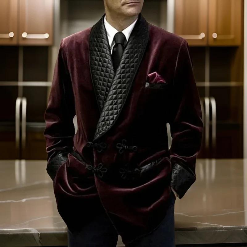 Veste longue en velours avec boutons mandarins pour homme, blazer d'affaires décontracté, revers châ