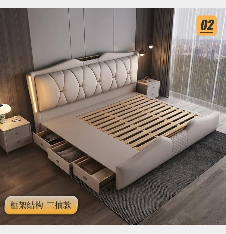 Lit double de luxe 200x220cm avec tête de lit, cadre Queen Size, 3 tiroirs de rangement, pour chambr