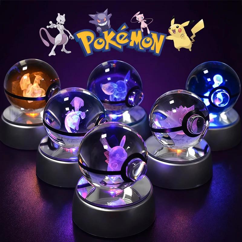 Boule de cristal Pokémon 3D Pikachu Mewtwo Gengar Pokeball Lampe de nuit 3D en verre Statue de crist