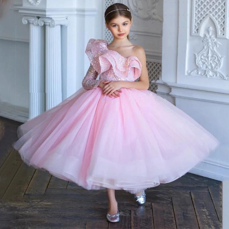 Robe de princesse pour filles 2026, robe de mariée à fleurs, robe de demoiselle d'honneur asymétriqu