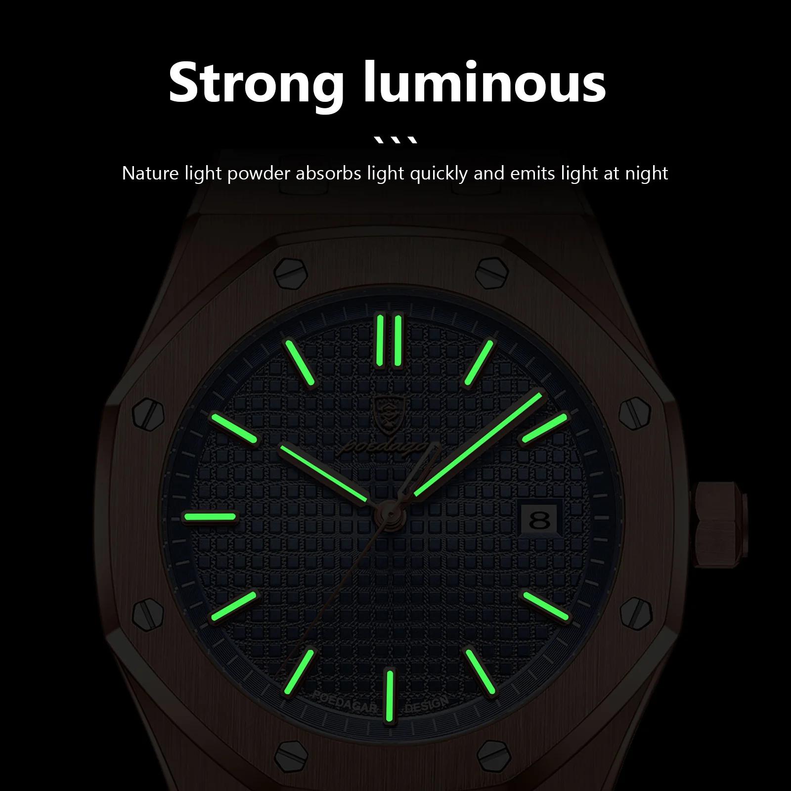 POEDAGAR vente chaude étanche calendrier lumineux en acier inoxydable montre carrée pour hommes étud