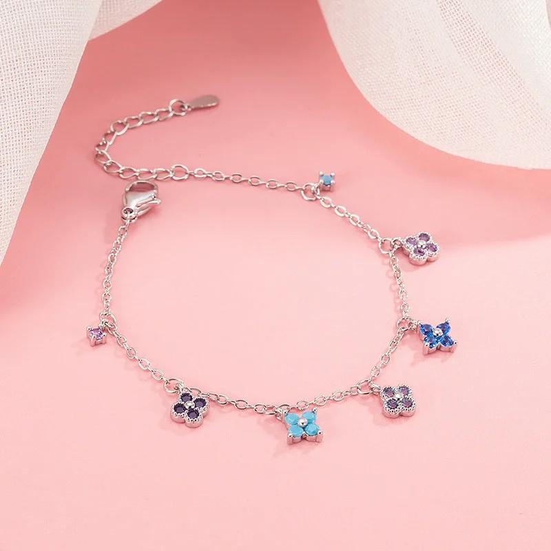 Bracelet et chevillère en argent sterling 925, nouveau, trèfle à quatre feuilles multicolore, diaman