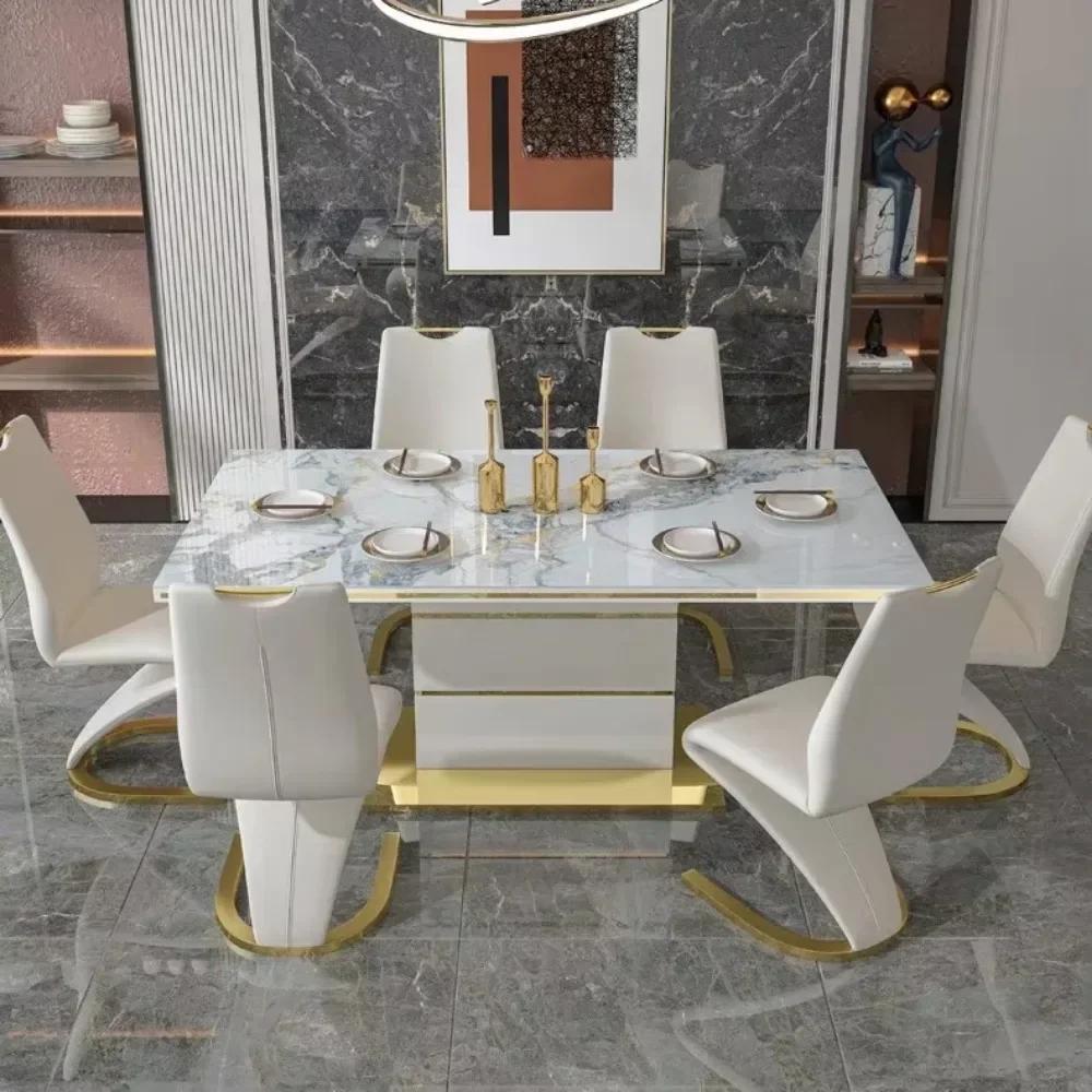 Ensemble de table à manger carrée en marbre, 4 chaises, 6 chaises, meubles de salle à manger dorés d