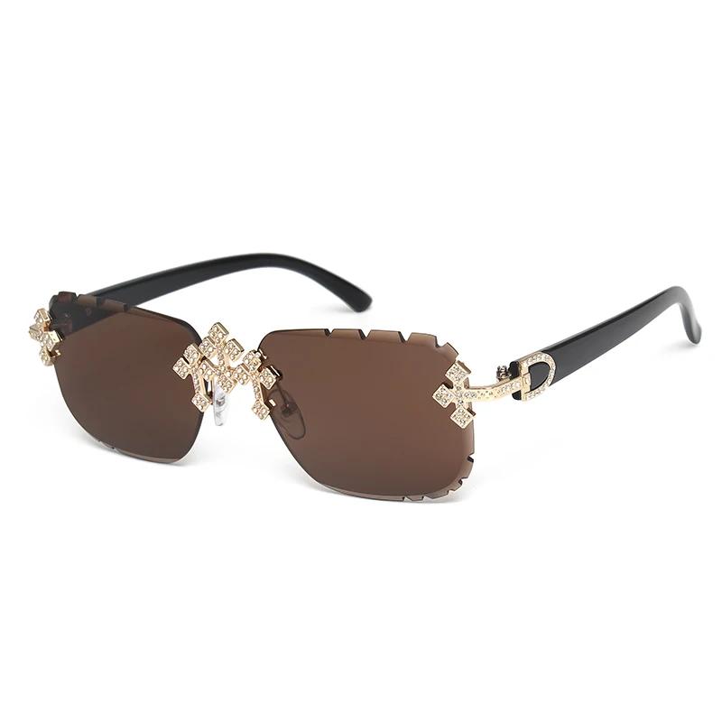 2025 mode carré sans monture lunettes de soleil pour femmes croix diamant métal cadre lunettes de lu