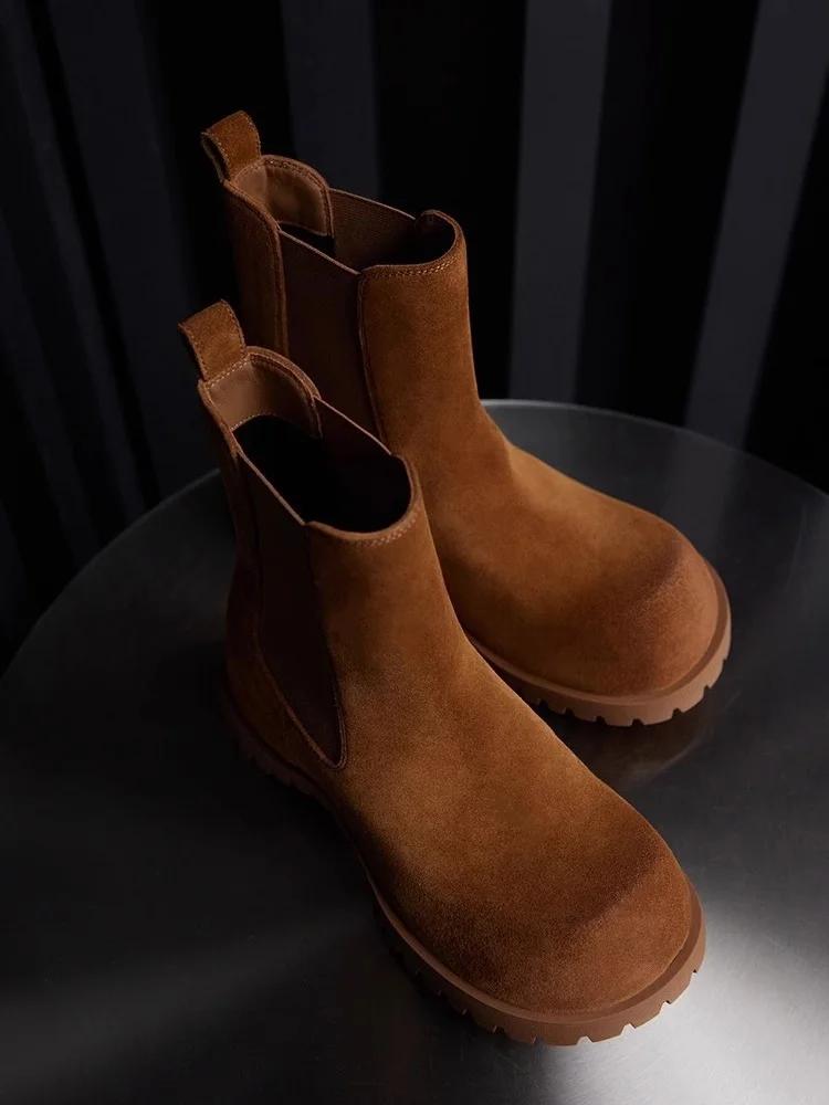 Bottines en daim marron et noir à bout rond large, à enfiler, avec sangle élastique, tendance automn