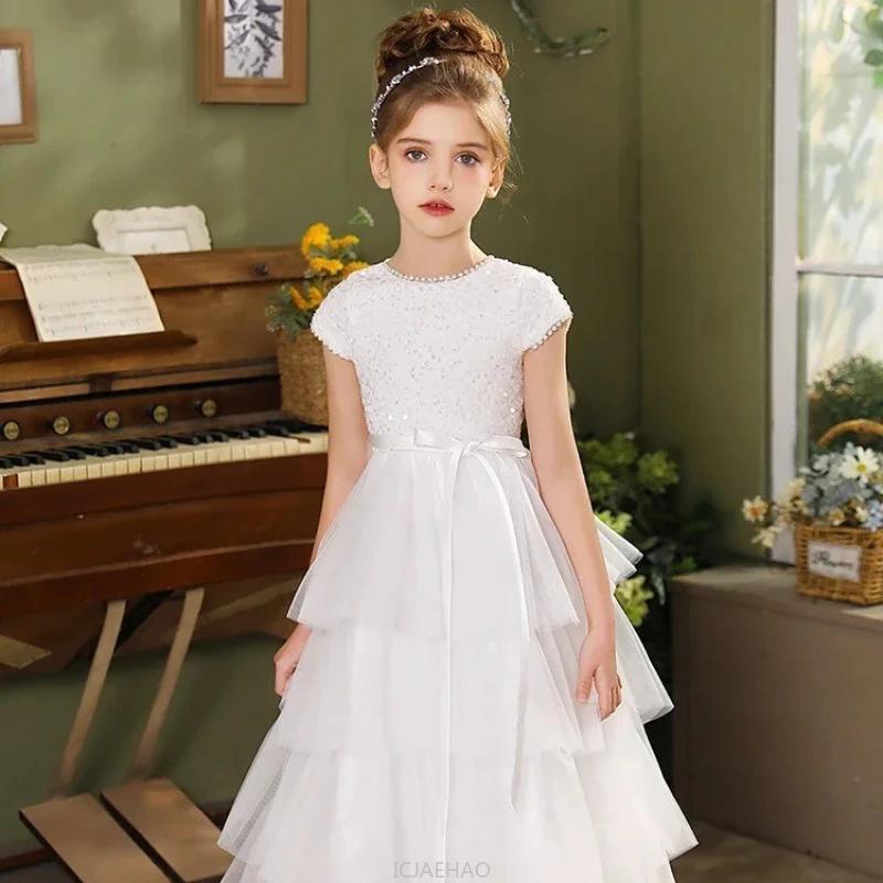 Robe de mariée blanche pour filles, robes de gâteau pour enfants, robe de princesse de fête d'annive