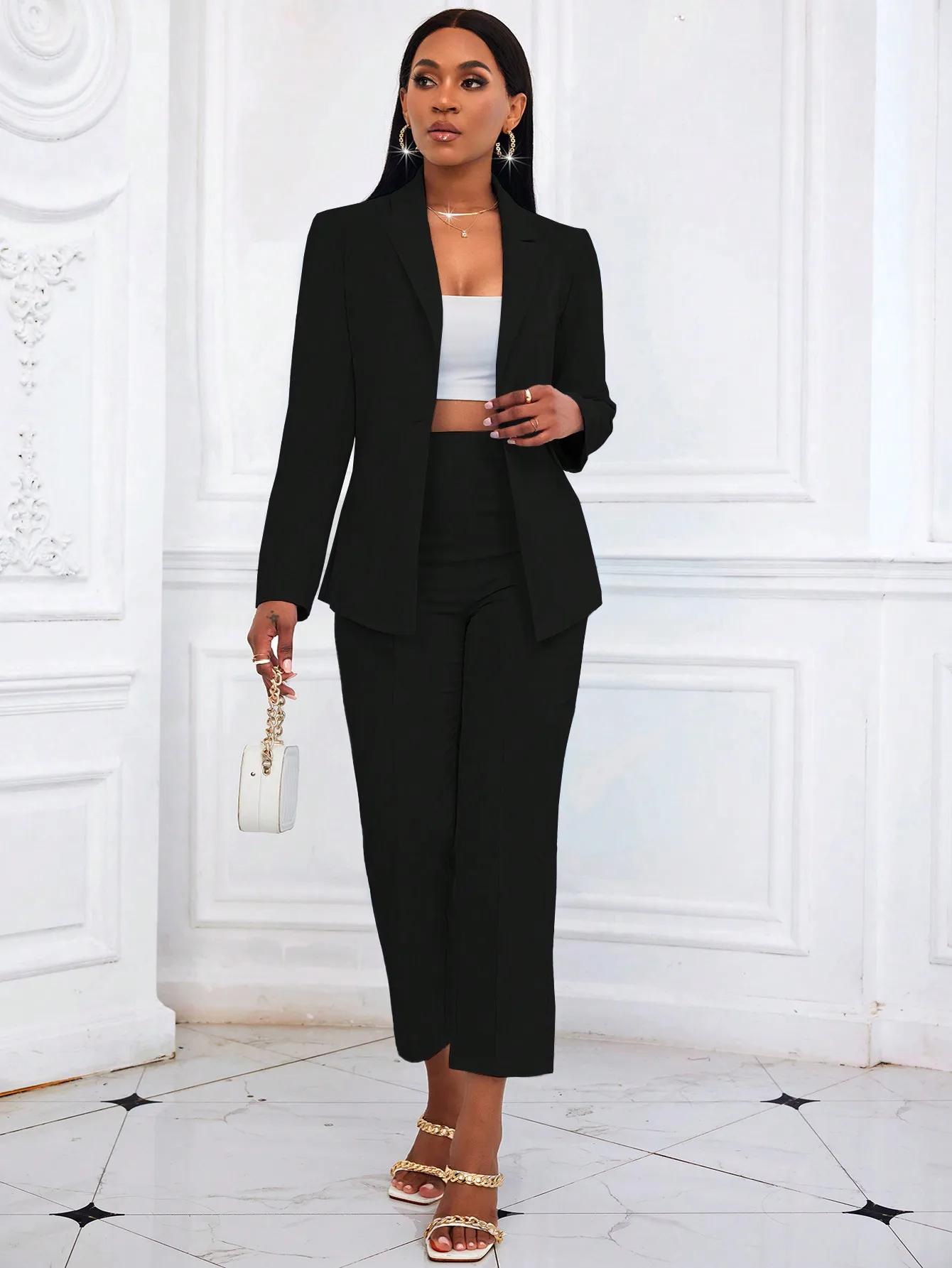 Ensemble tailleur noir uni deux pièces pour femme 2026 : Blazer à manches longues et pantalon court 