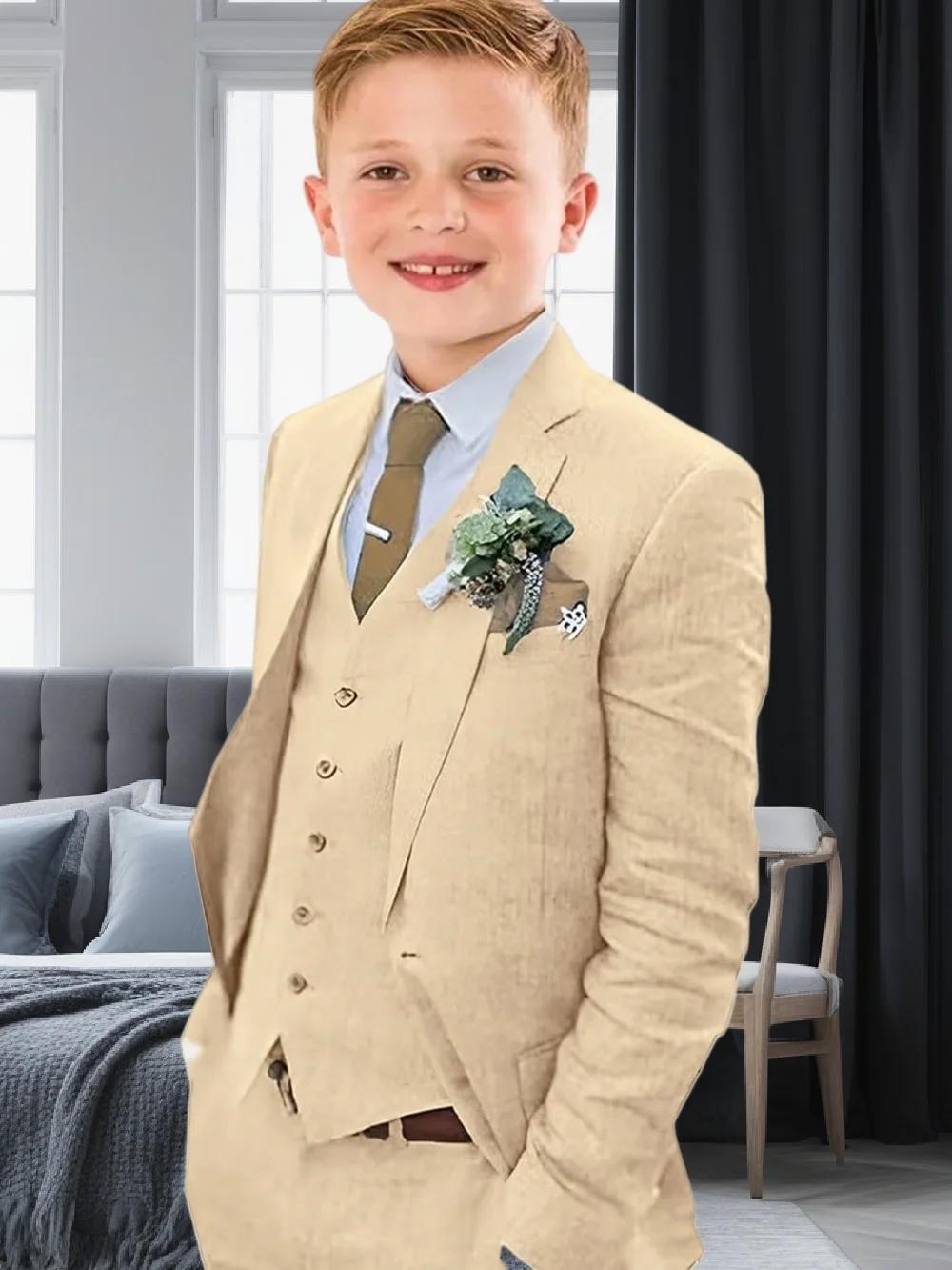 Costume en lin pour garçons, coupe cintrée, 3 pièces, Blazer, gilet, pantalon, été, plage, mariage, 
