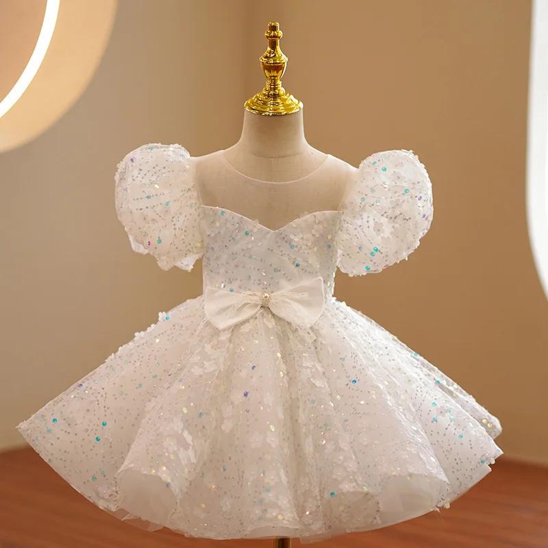 Robe pour enfants blanc gonflé Tulle haut de gamme défilé de mode anniversaire robe de princesse élé