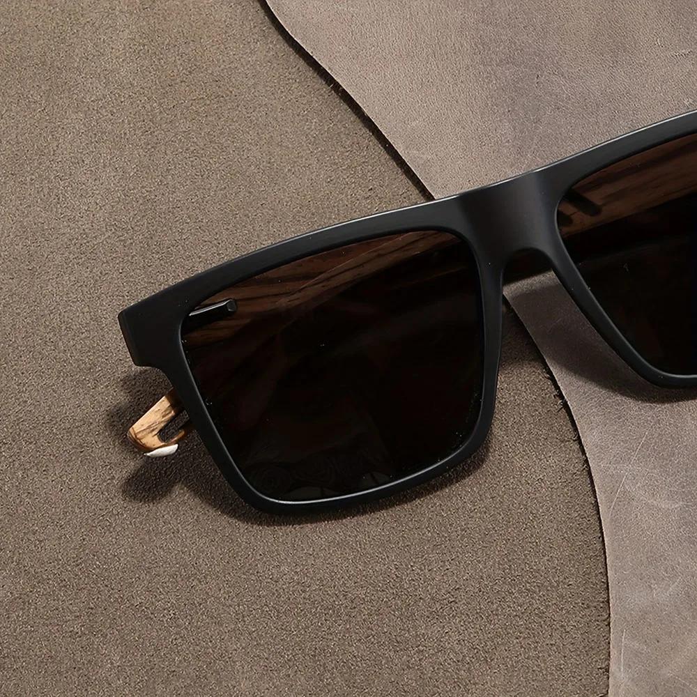 Lunettes de soleil carrées décontractées, Grain de bois, charnières à ressort, Protection UV400, uni