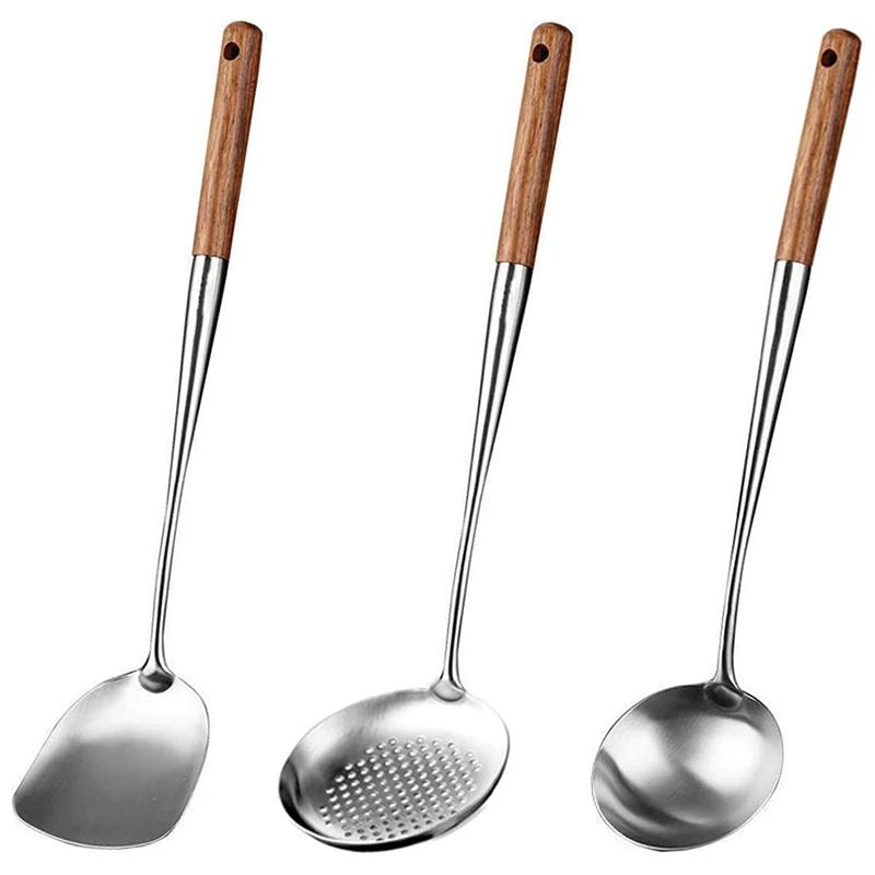 Spatule pour Wok en acier inoxydable, ensemble d'outils en fer et louche, 17 pouces, 2 pièces