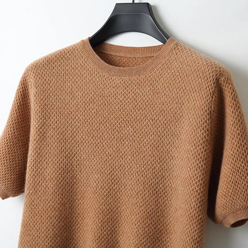 T-Shirt tricoté en laine mérinos pour hommes, col rond, aiguille en nid d'abeille, gilet à manches c