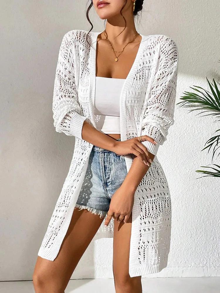 Cardigan tricoté en polyester 100.00% de couleur unie avec pare-soleil et coupe ample, mi-long et pu