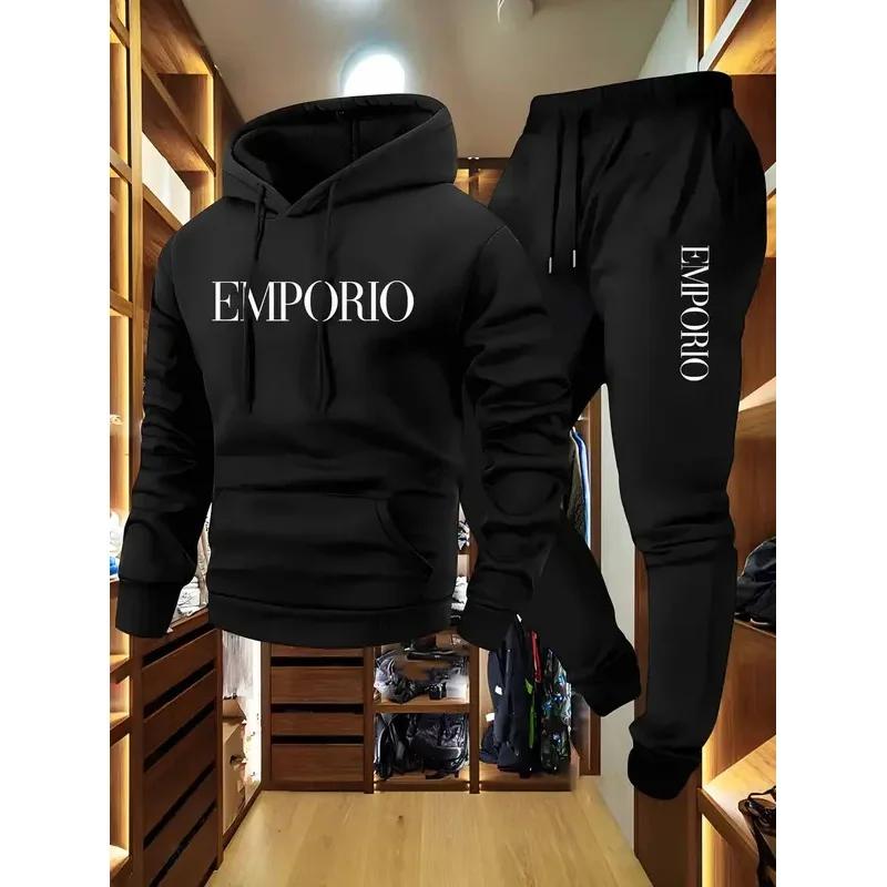 Ensemble jogging décontracté vert olive pour homme 2025 avec sweat à capuche EMPORIO imprimé et cord