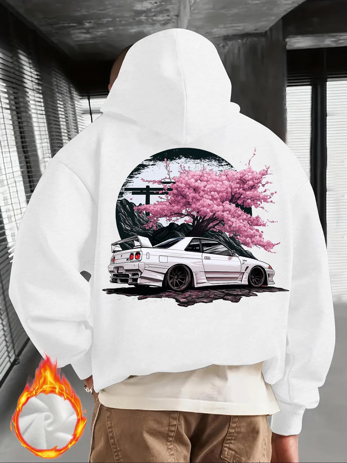 Sweat à capuche noir pour hommes avec voiture JDM blanche et imprimé dos de fleur de cerisier rose, 