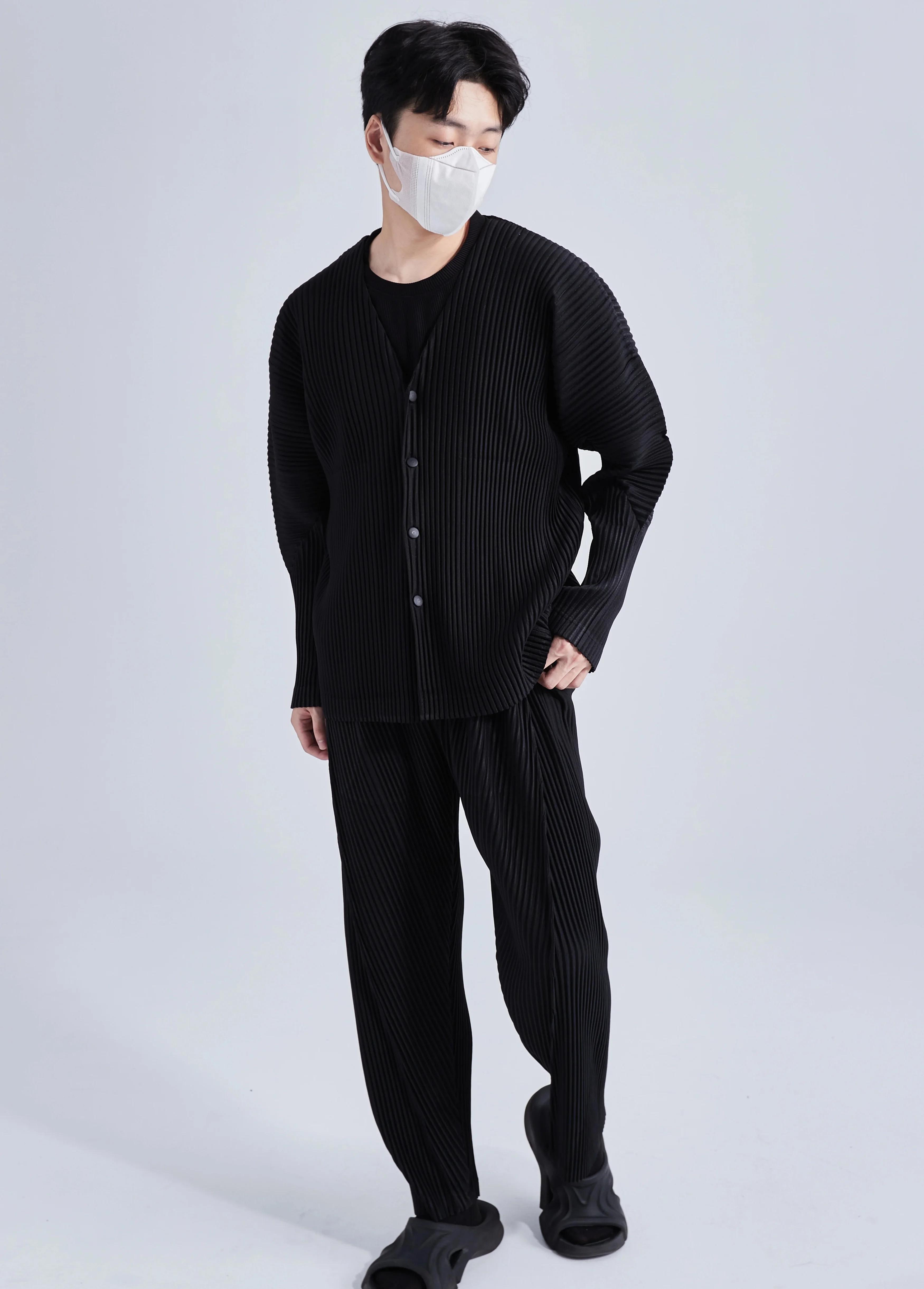 Ata Yake-Veste plissée à col en V pour homme, manteau sans col, simple boutonnage, manches longues, 