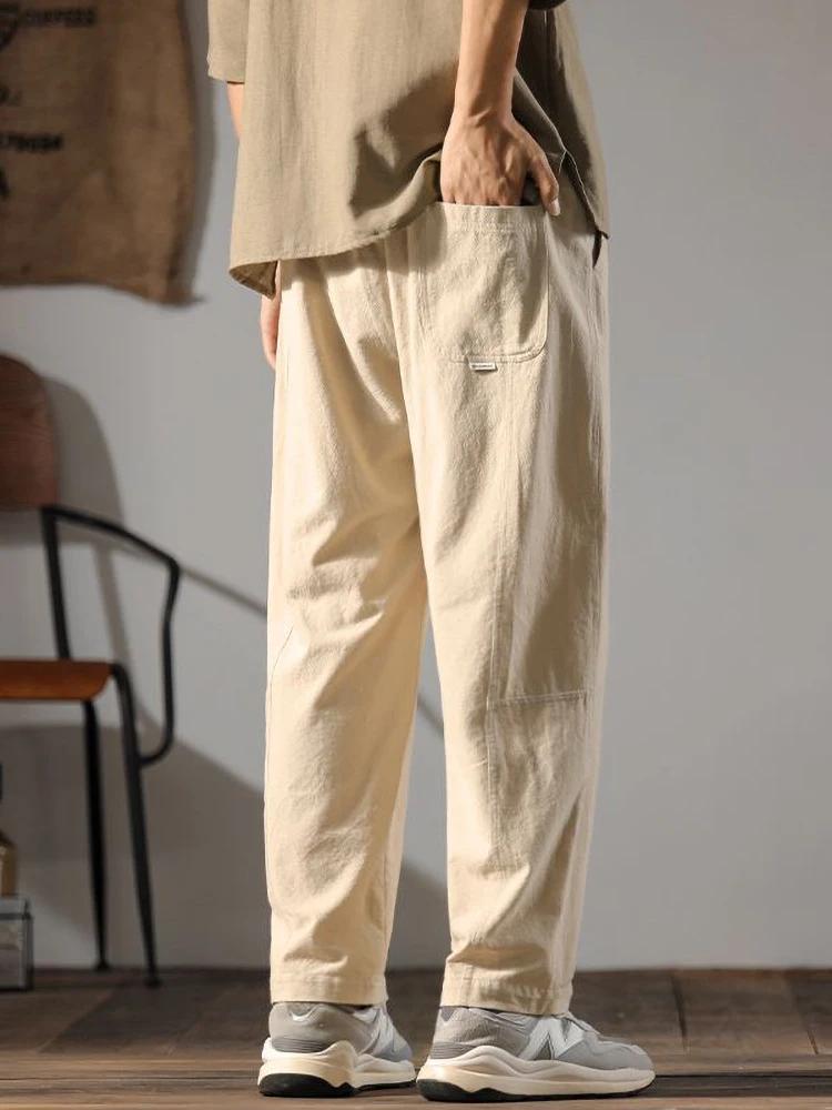 ENESE − Pantalon en coton et lin pour hommes, survêtement, coupe droite, décontracté, à jambes large