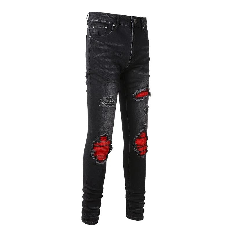 Jean de motard plissé rouge craquelé pour hommes, Streetwear, pantalon en Denim extensible, slim, ef