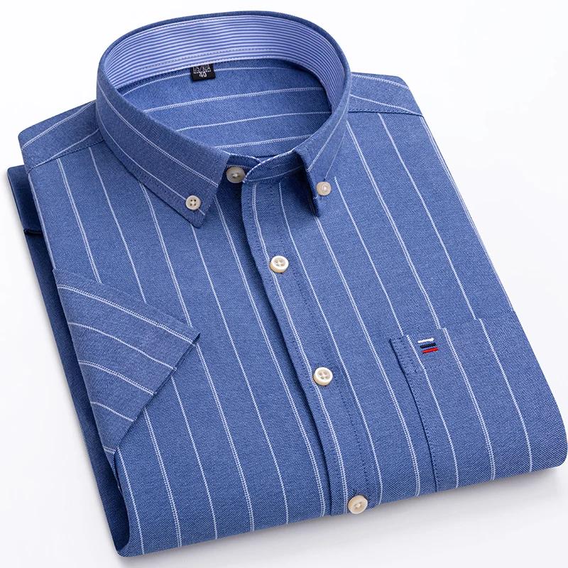 Chemises Oxford à manches courtes pour hommes, 100% pur coton, à carreaux, doux, coupe régulière, ro