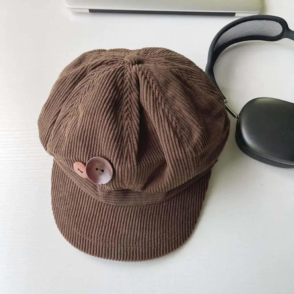 Béret Vintage en velours côtelé pour femmes, casquette octogonale à boutons coréens, chapeaux d'arti