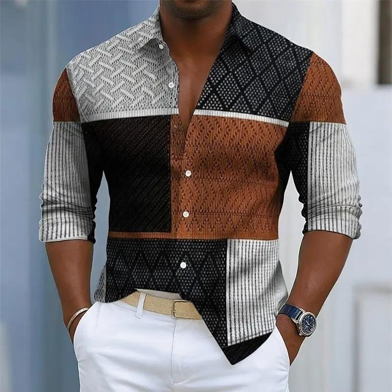 Chemise à manches longues à imprimé rétro à carreaux pour hommes, devant boutonné pour un usage quot