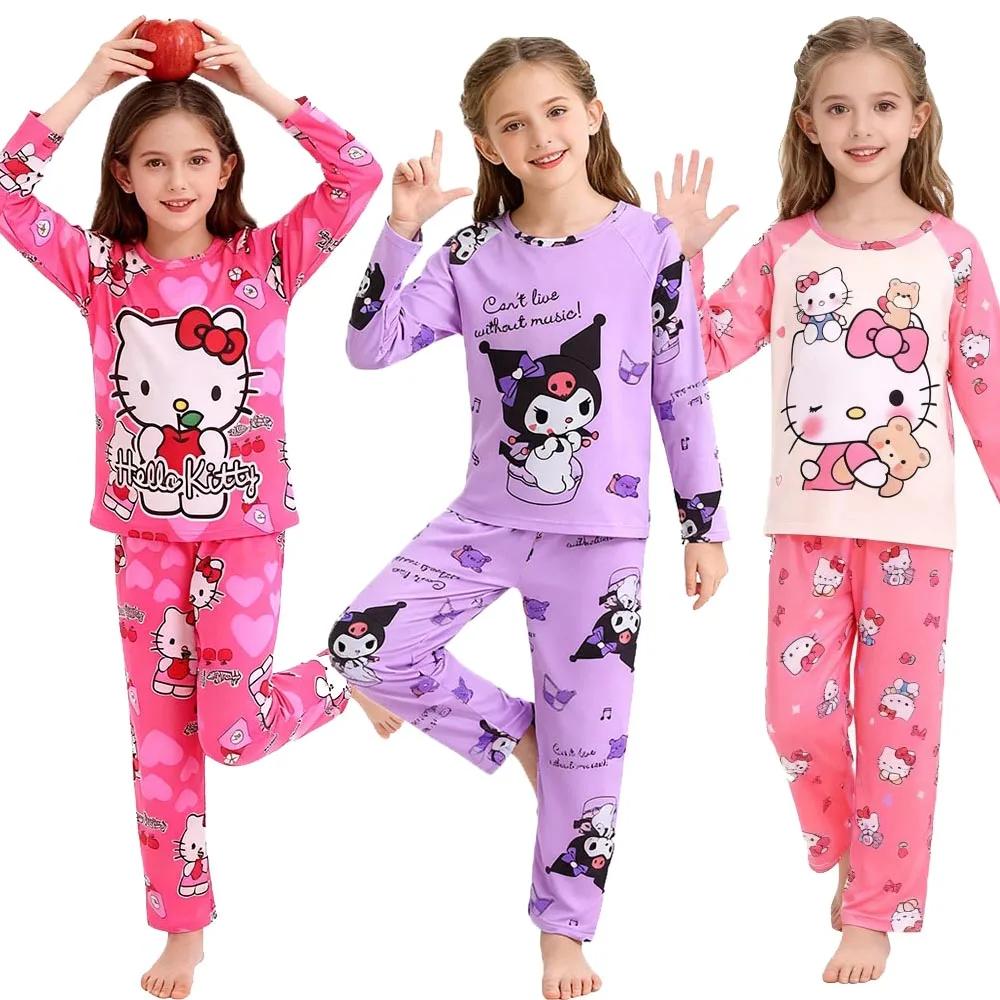Ensembles de pyjamas pour filles Sanrio, manches longues, doux, pyjamas Hello Kitty, pyjamas pour en