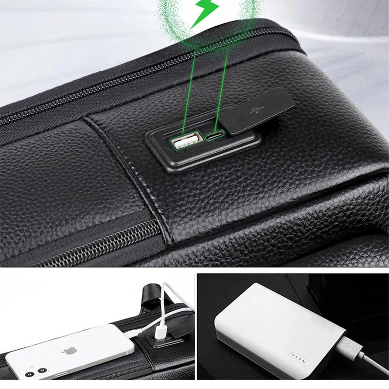 100% sac à dos en cuir véritable hommes 15.6 pouces sac à dos pour ordinateur portable USB Charge an