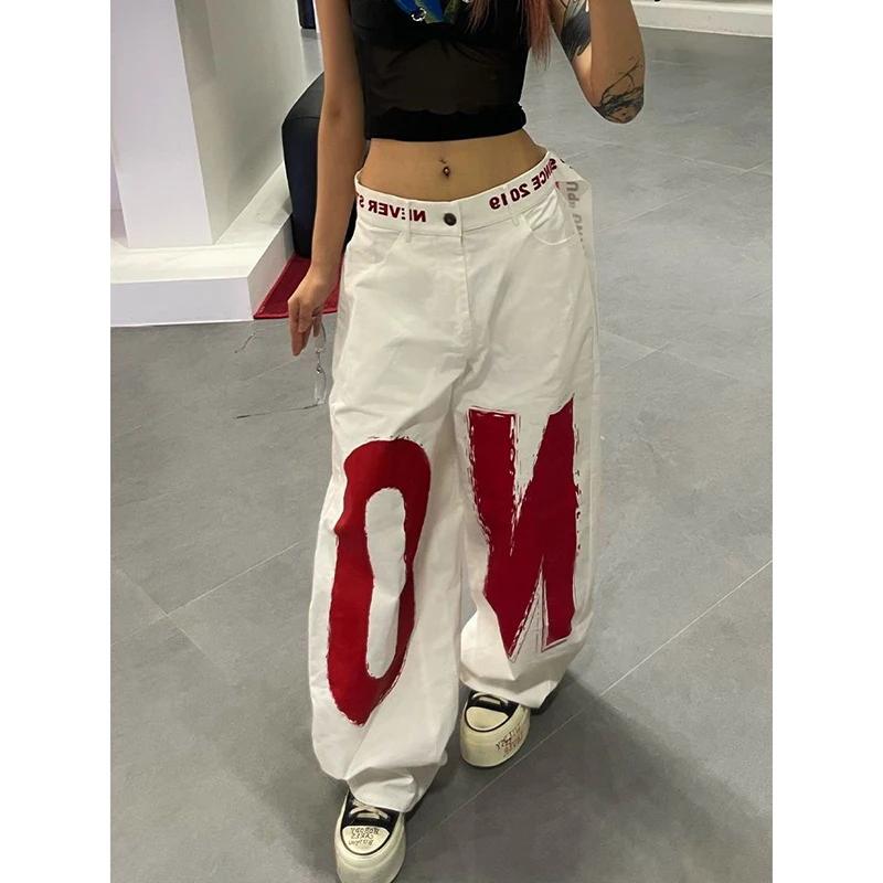ZHIZOU femmes blanc lettre imprimer Y2k Baggy jean 2000s Style Denim pantalon Harajuku Vintage surdi