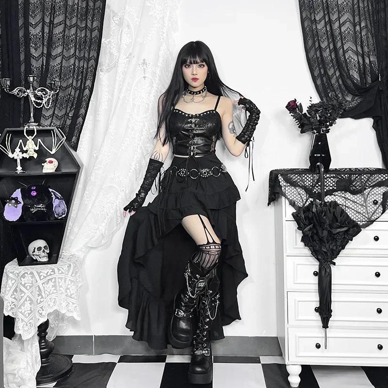 Goth foncé Kawaii noir jupes à plusieurs niveaux 90S rétro ourlet irrégulier bas de fête centre comm