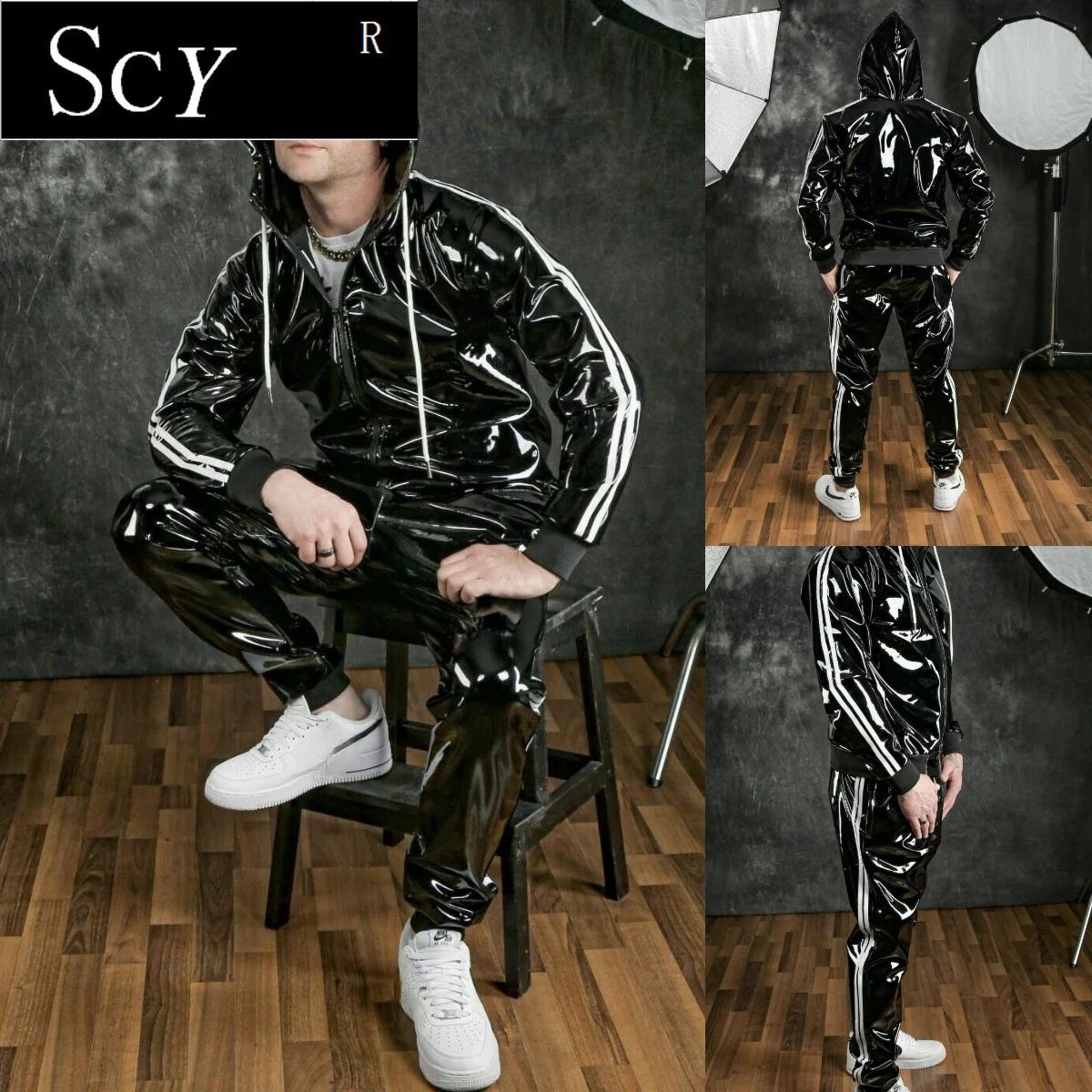 Costume à capuche en cuir PU pour hommes et femmes, vêtements de sport de loisirs, costume de joggin